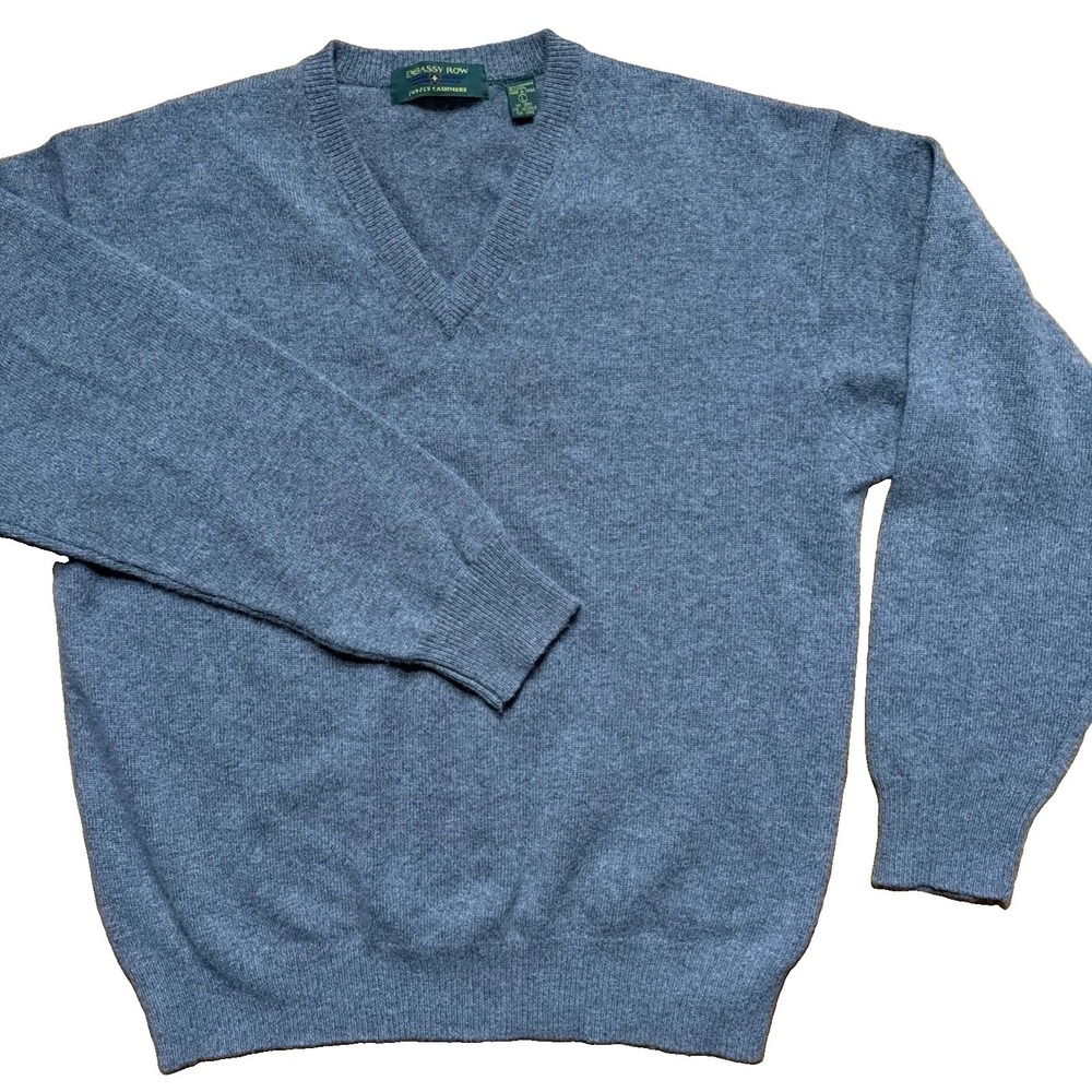 Embassy Row Mens Lg. 2-Ply Cashmere Sweater Gray Wool Blend V-Neck Preppy Luxury